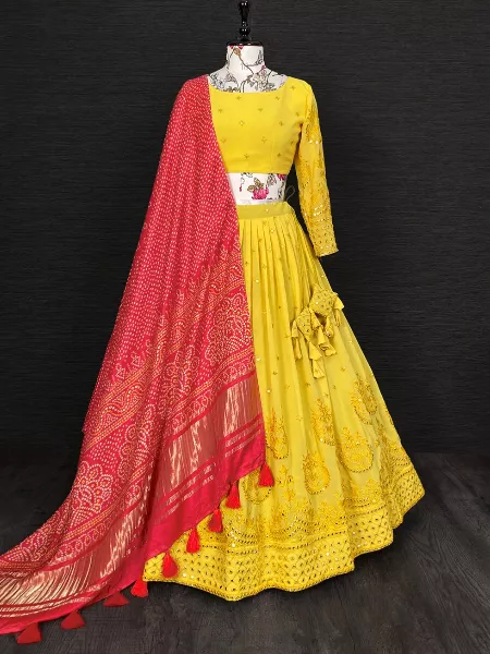Haldi Yellow Color Georgette Lehenga Choli With Sequence, Paper Mirror Work