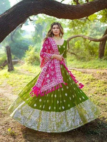 Green Navaratri Chaniya Choli in Butter Silk With Real Mirror and Dupatta