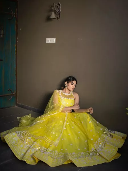 Yellow Haldi Ceremony Wedding Designer Lehenga Choli With Embroidery Work