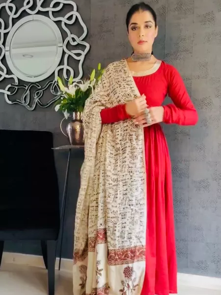 Red Designer Salwar Kameez in Muslin Silk With White Digital Print Dupatta