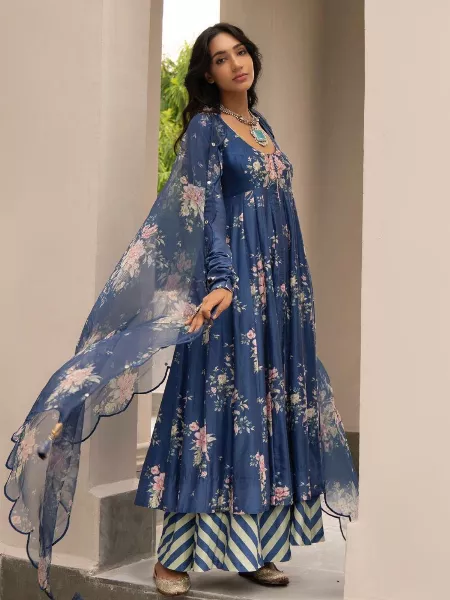 Blue Color Cotton Anarkali With Digital Print and Dupatta With Bottom