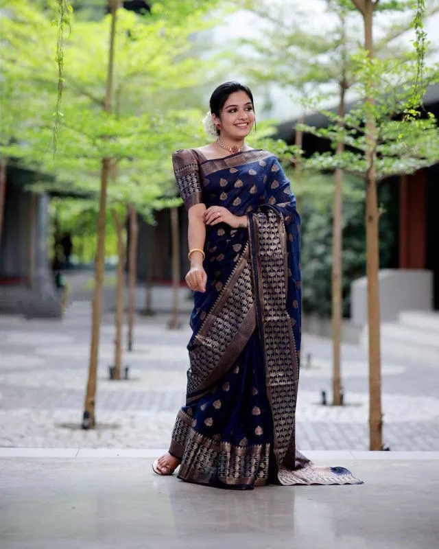 Navy Blue Colour Saree With Copper Zari Weving & Heavy Brocade Blouse  Banarasi Beautiful Zari Work In Form Of Traditional Motifs Soft Silk Saree