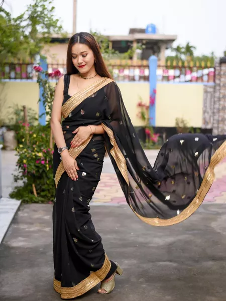 Black Premium Georgette Saree With Sequence Work and Sequence lace border