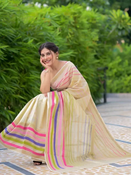 Multi Color Soft Cotton Handloom Silk Saree With Ajrakh Print Rich Contrast Pallu