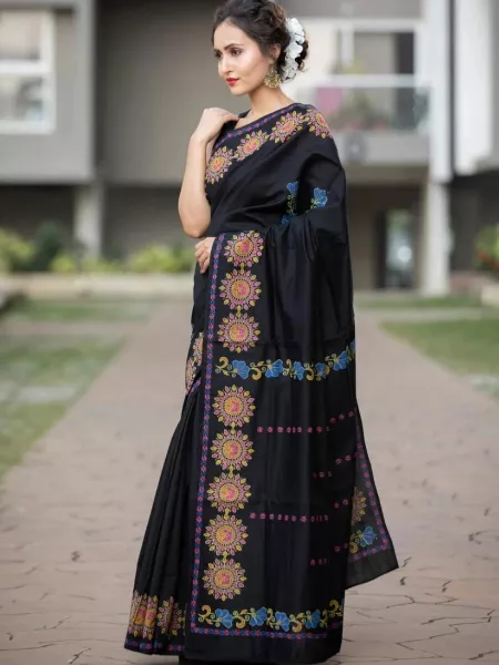 Black Soft Cotton Handloom Silk Saree With Ajrakh Print Rich Contrast Pallu