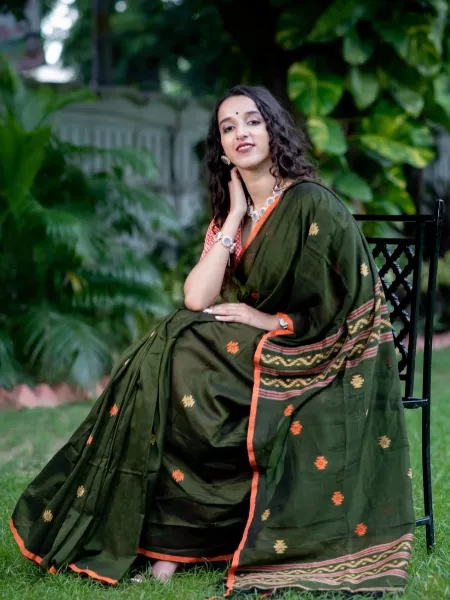 Green Color Soft Cotton Handloom Silk Saree With Ajrakh Print Rich Contrast Pallu