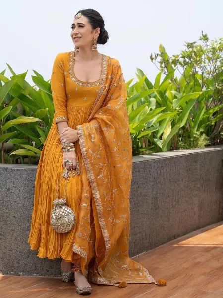 Karisma Kapoor Bollywood Salwar Kameez in Mustard Color With Heavy Embroidery Dupatta for Haldi or Sangeet Ceremony