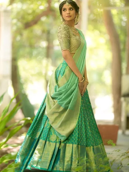Light Green & Blue Partywear Floral Embroidery With Woven Silk Lehenga Choli