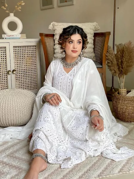Designer Party Wear White Georgette Salwar Kameez With Sequence Work