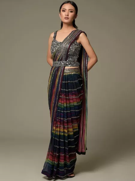 Multi Color Digital Print and Sequence Work Saree With Blouse and Waist Belt