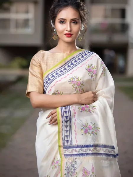 White Color Soft Cotton Handloom Silk Saree With Ajrakh Print Rich Contrast Pallu