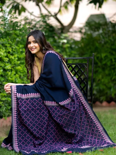 Navy Blue Soft Cotton Handloom Silk Saree With Ajrakh Print Rich Contrast Pallu