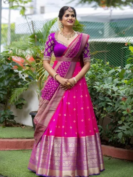 Pink Color South Indian Wedding Half Saree Lehenga With Banarasi Dupatta