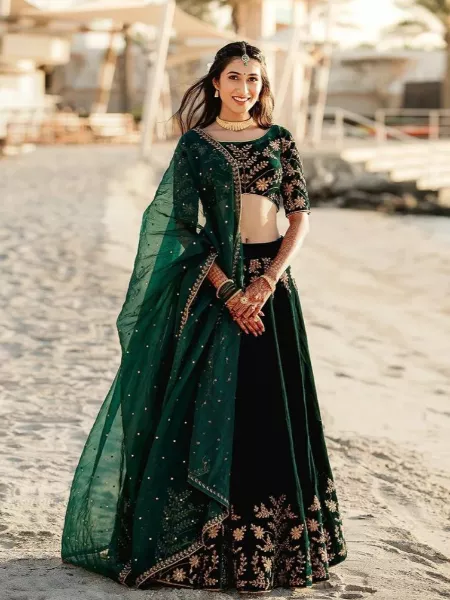 Green Velvet Bridal Lehenga Choli With Heavy Embroidery Work and Dupatta