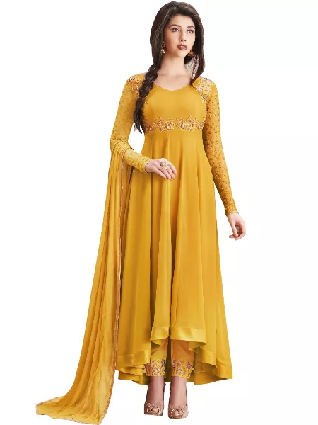Yellow Embroidered Faux Georgette Salwar Suit With Dupatta