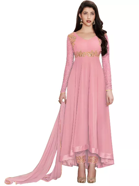 Pink Embroidered Faux Georgette Salwar Suit With Dupatta