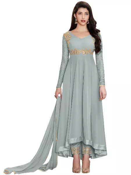 Grey Embroidered Faux Georgette Salwar Suit With Dupatta