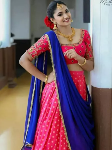 Half Saree in Pink Kanjivaram Silk With Banglori Blouse and Georgette Dupatta South India Wedding Lehenga Choli