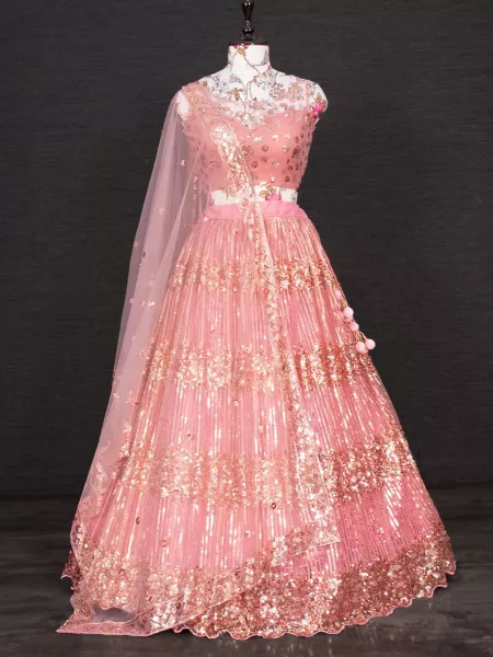 Pink Color Lehenga Choli in Net With Sequence Thread Embroidery and Heavy Tassel