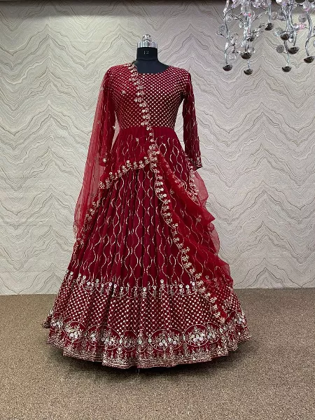 Maroon Heavy Designer Gown in Georgette With Sequence Work and Dupatta