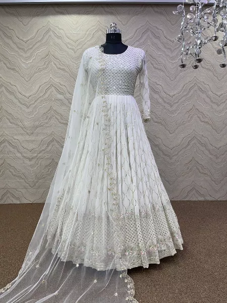 White Heavy Designer Gown in Georgette With Sequence Work and Dupatta