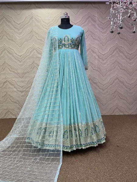 Sky Blue Designer Gown With Heavy Thread Embroidery and Sequence Work