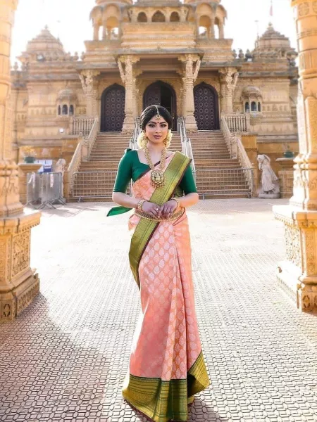 Peach Color Saree for Wedding With Green Border and Blouse Temple Puja Saree