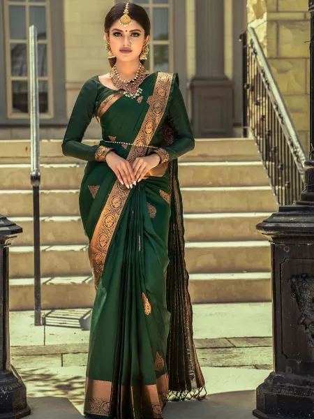 Sizzling Dark Green Soft Banarasi Silk Saree With Beautiful