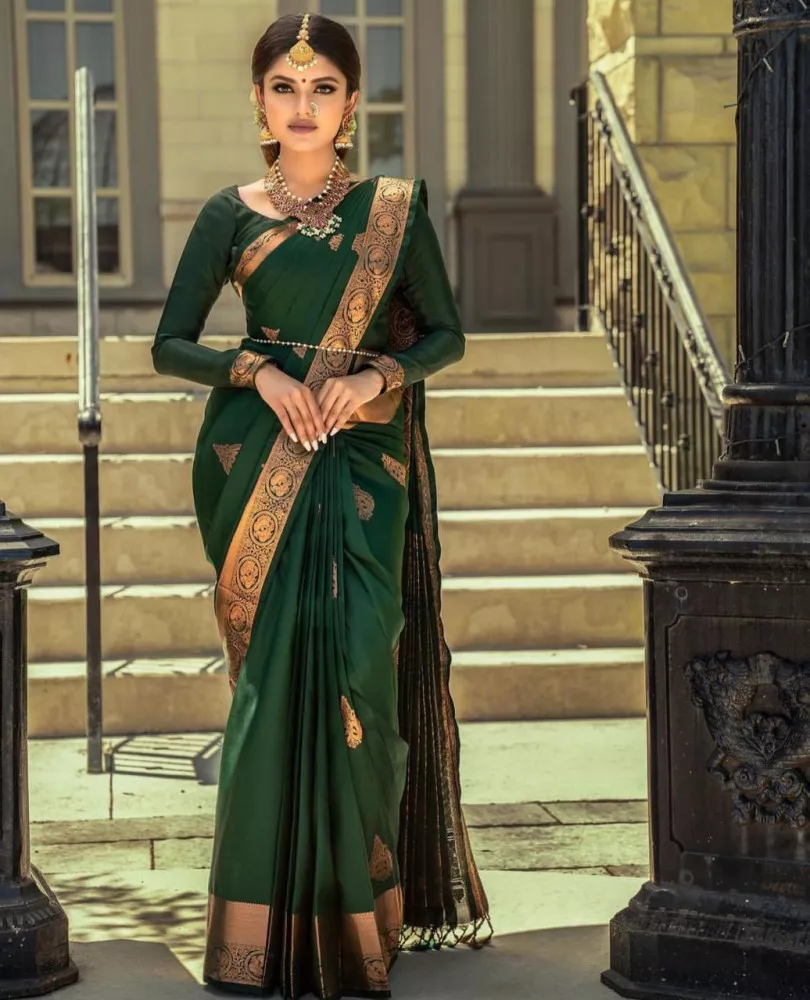 Green Color Wedding Saree in Banarasi Silk With Blouse in USA UK Malaysia South Africa Dubai Singapore