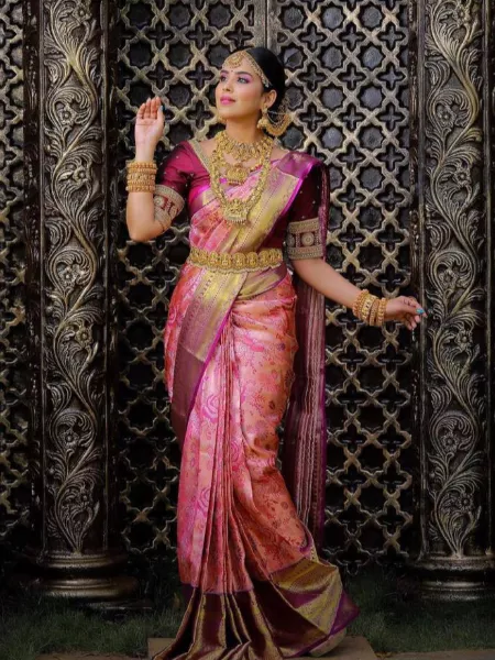 Dual color of pink and gold tissue muhurtham silk saree – Thokai