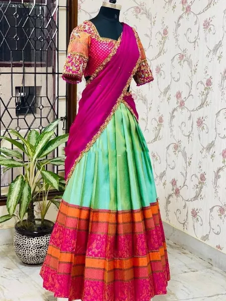 Half Saree Pista Color South Indian Lehenga Choli in Kanjivaram Silk Half Saree Lehenga