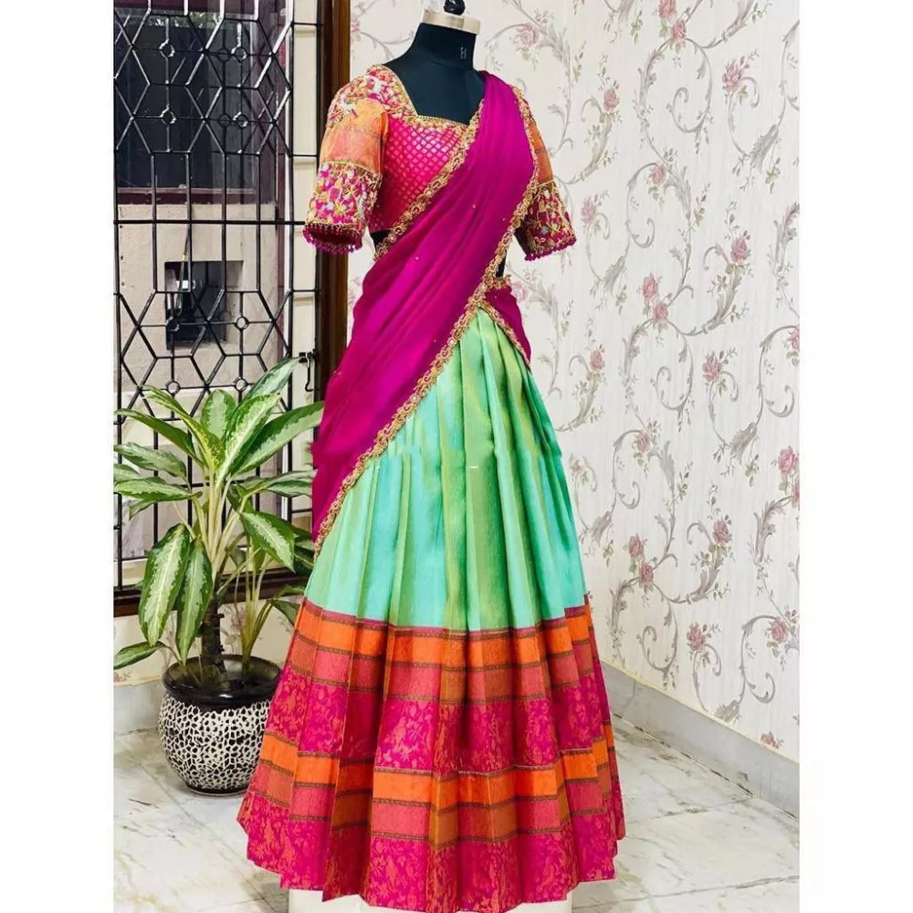 Orange Kanjeevaram Lehenga | Half saree lehenga, Half saree designs, Indian  wedding dress bridal lehenga