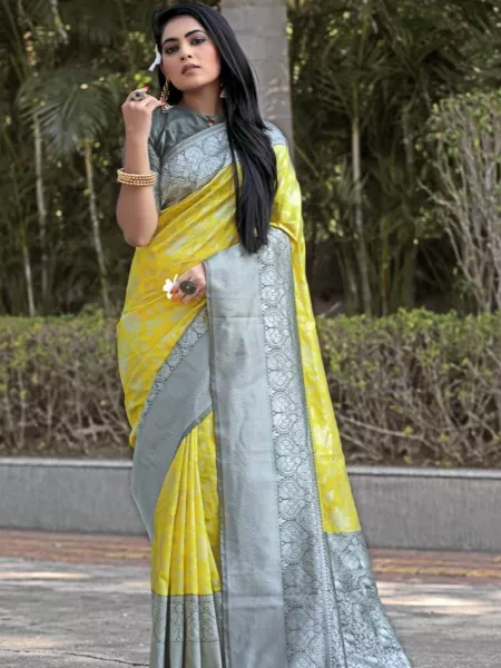 Yellow Soft Kanchivaram Silk Saree With Jacquard Border and Blouse