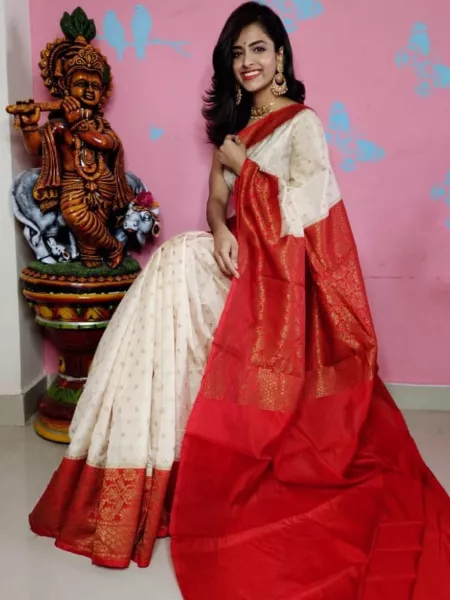 Red and White Temple Pooja Sari in Soft Silk With Kanchipuram Style and Blouse