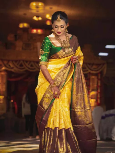 Yellow Color Festival Special Indian Wedding Saree With Blouse and Border