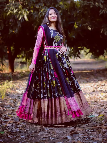Blue Heavy Banarasi Silk Wedding Gown With Zari Weaving and Dupatta