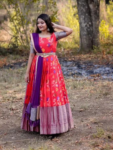 Lemon Yellow to Pink Ombré Banarasi Anarkali Gown Set with Embroidered  Bodice and Shaded Banarasi Dupatta - Seasons India