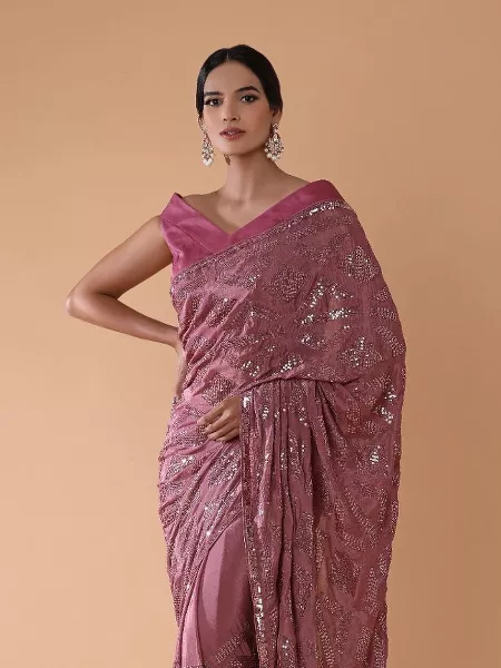 Lavender Sequence Saree in Soft Chinnon Fabric With Blouse for Wedding and Party
