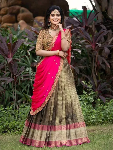 Half Saree Designs in Mehendi Kanjivaram Silk Zari With Embroidery Blouse for South Indian Wedding