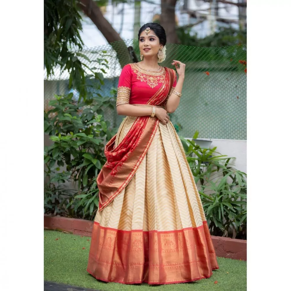 Red Pure Kanjivaram Silk Half Saree Lehenga || Rooprekha – rooprekha