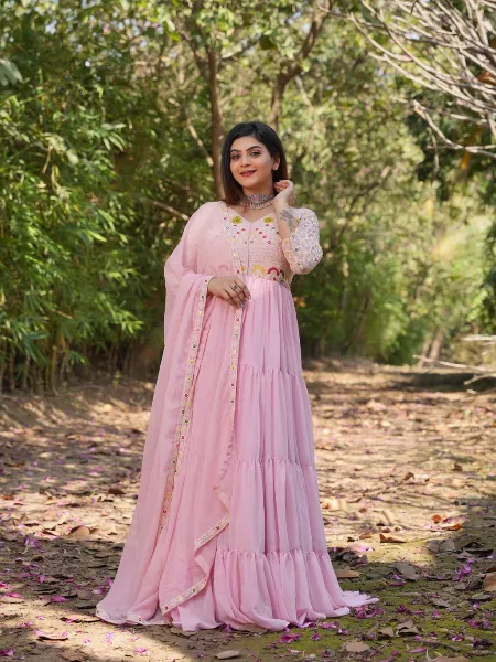 Light Pink Georgette 3 Piece Dress With Embroidery Work Indian Designer  Suit