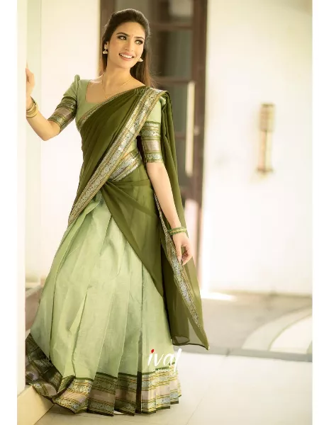 Buy SWAMI STUDIO ANADI CREATION Heavy Kanchipuram South Indian Wedding Style  Half Saree Lehenga Blouse & Dupatta, New Fancy Designer Traditional Lengha  (RANI - BLUE) at Amazon.in