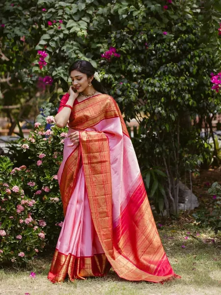 Light Pink Soft Lichi Silk Saree With Red Jacquard Border and Blouse