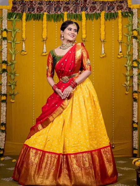 Trendy Half Saree Kanjeevaram Silk Zari Lehenga With Blouse & Dupatta  (Unstitched)