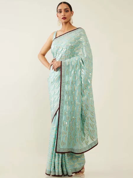 Sky Blue Georgette Saree With Sequence Embroidery and Swarovski Diamond Work