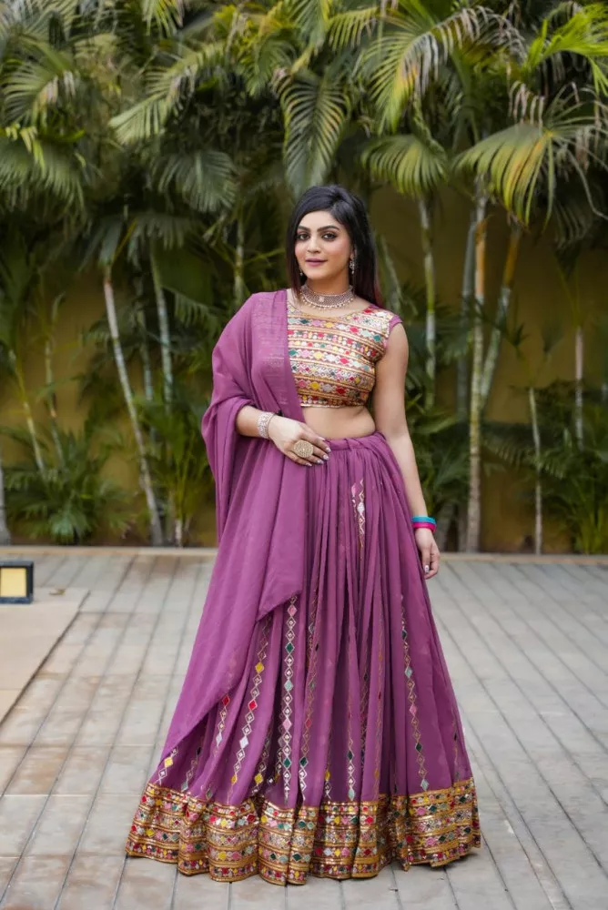 Georgette Lehenga Choli In Yellow And Wine Color