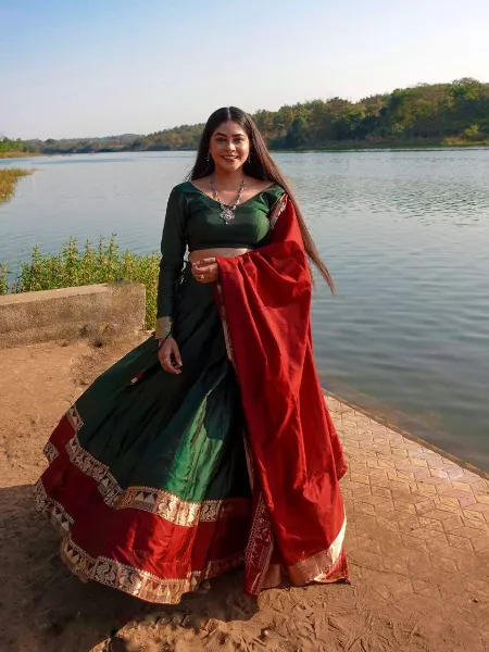 Dark Green Pure Soft Banarasi Silk South Indian Half Saree Lehenga for Wedding