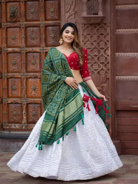 White Color Lehenga Choli in Georgette Embellished With Paper Mirror and Thread Embroidery Work With Pure Gaji Silk Dupatta