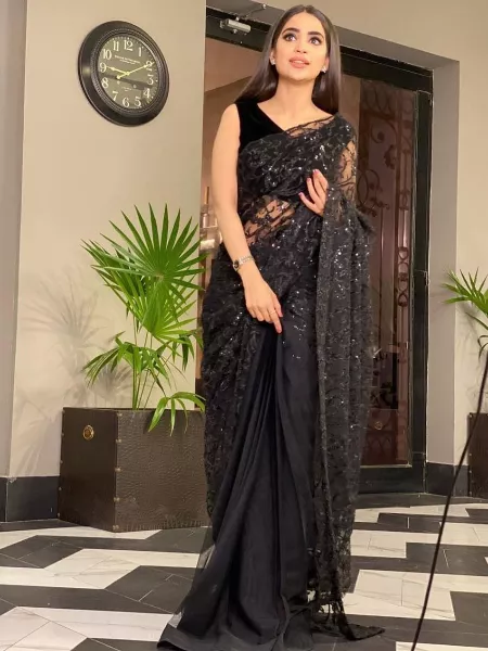 Bollywood Saree in Black Heavy Net Fabric With Sequence Thread Embroidery Work