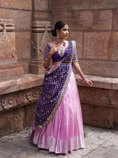 Light Pink Kanchipuram Silk Zari Weaving South Indian Half Saree Lehenga for Wedding